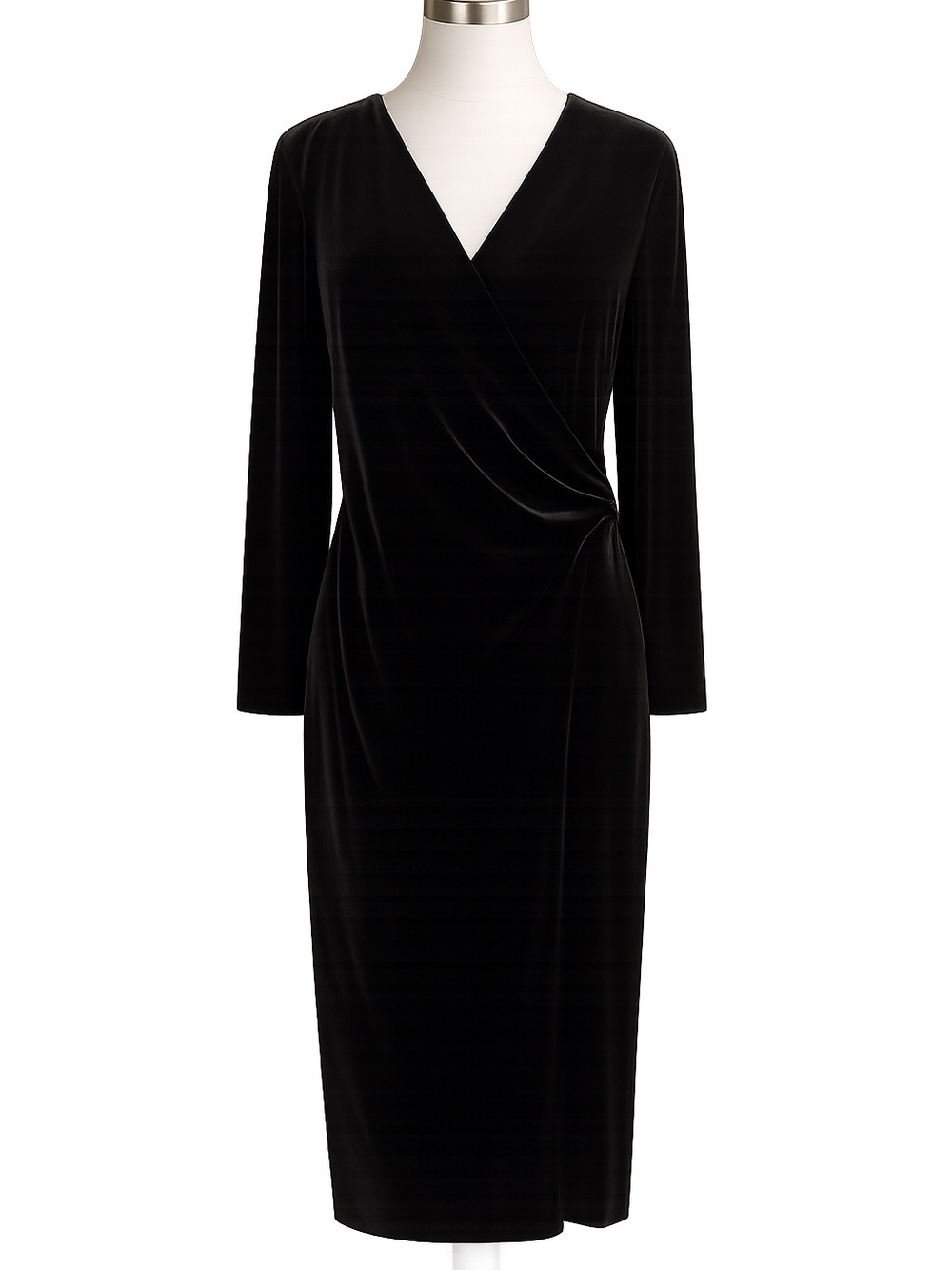 Talbots • Black Stretch Velvet Faux Wrap Midi Dress • Size M